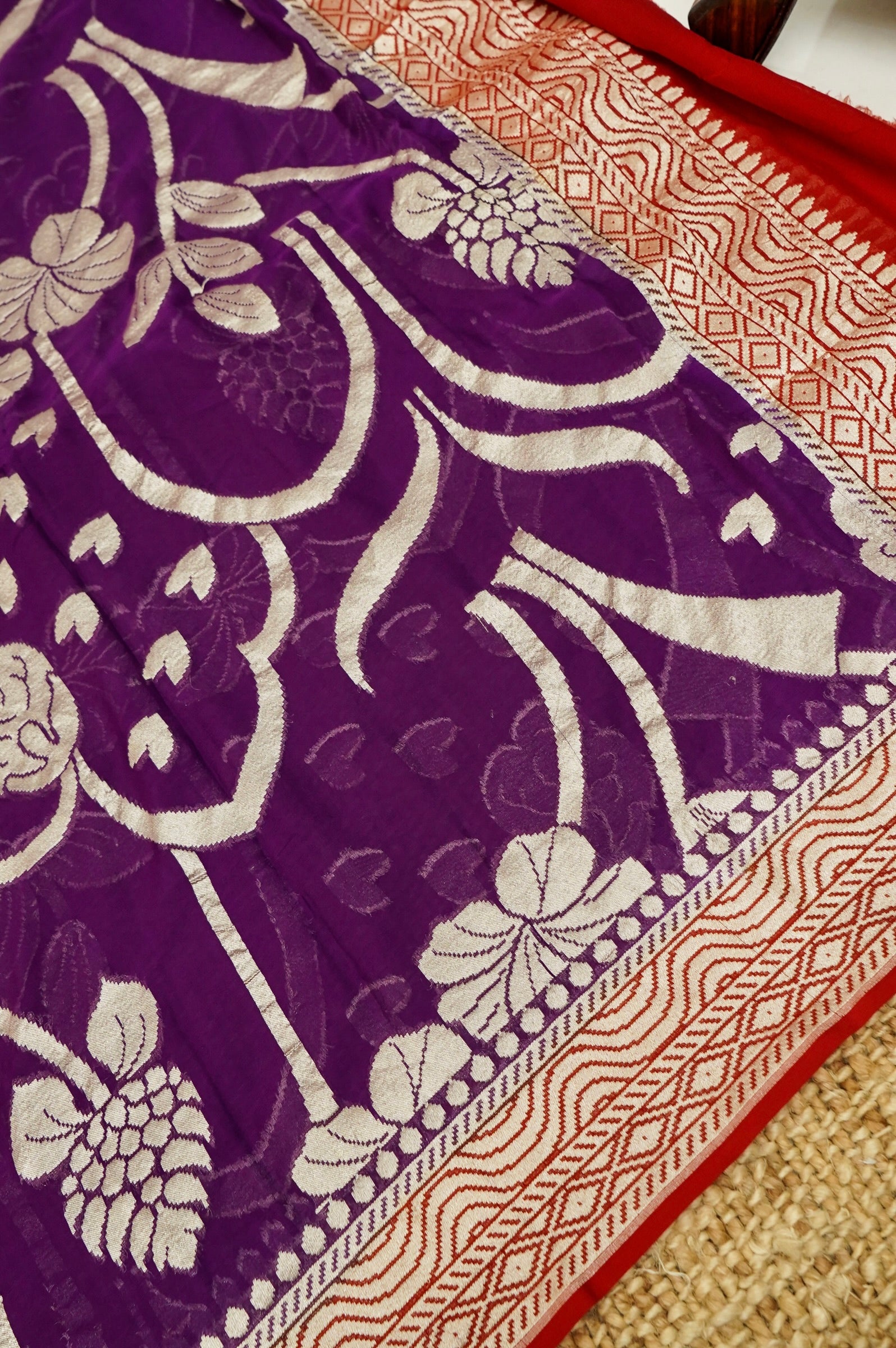 Red Handwoven Banarasi Pure Katan Silk Suit with Purple Dupatta