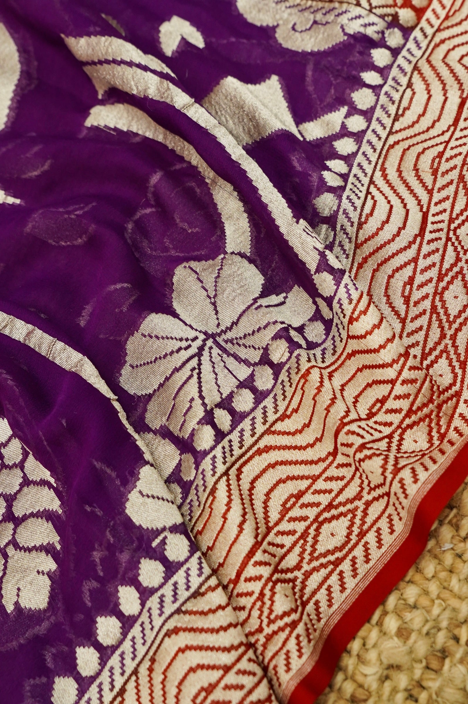 Red Handwoven Banarasi Pure Katan Silk Suit with Purple Dupatta