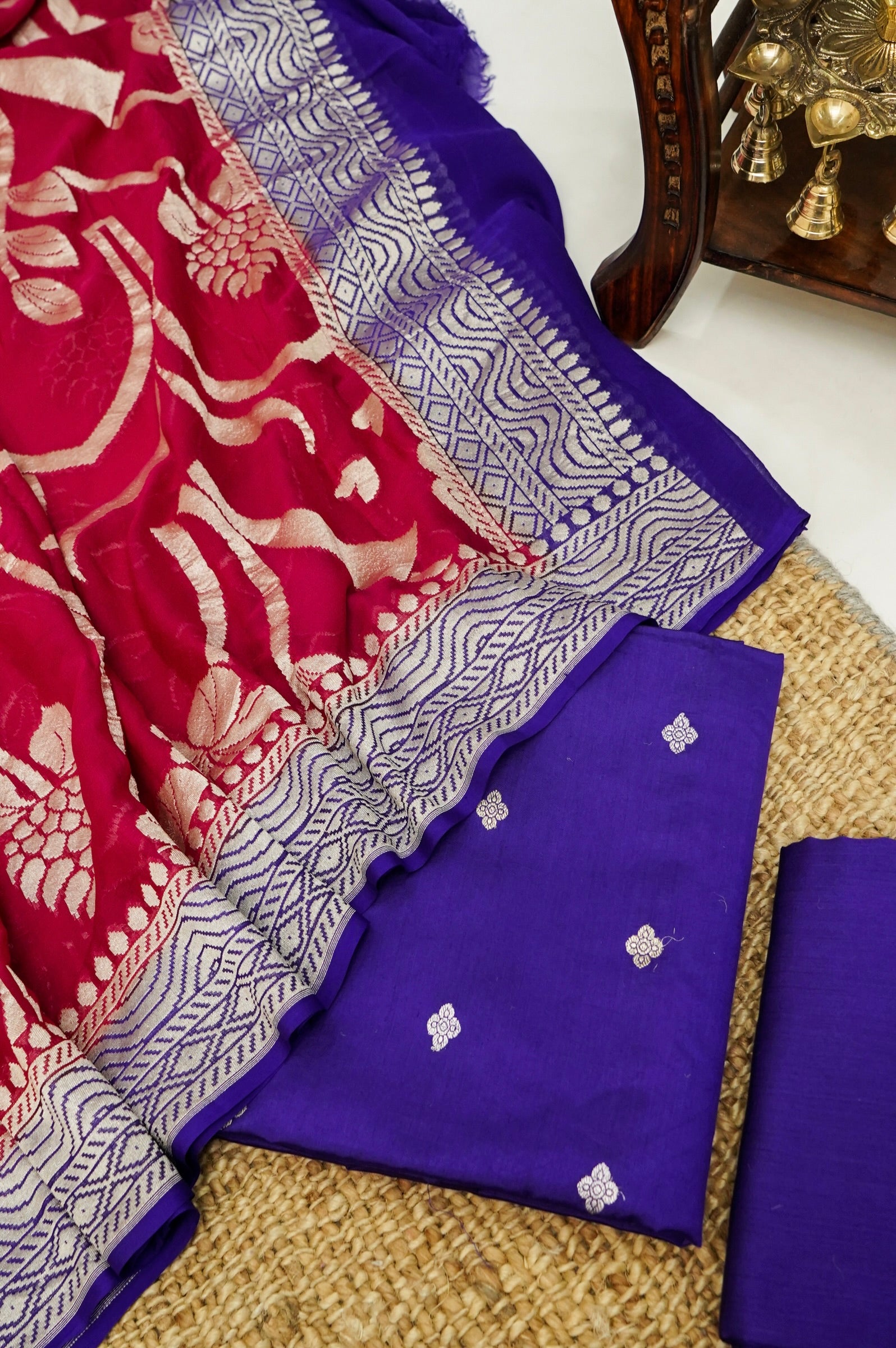 Purple Handwoven Banarasi Pure Katan Silk Suit with Red Dupatta