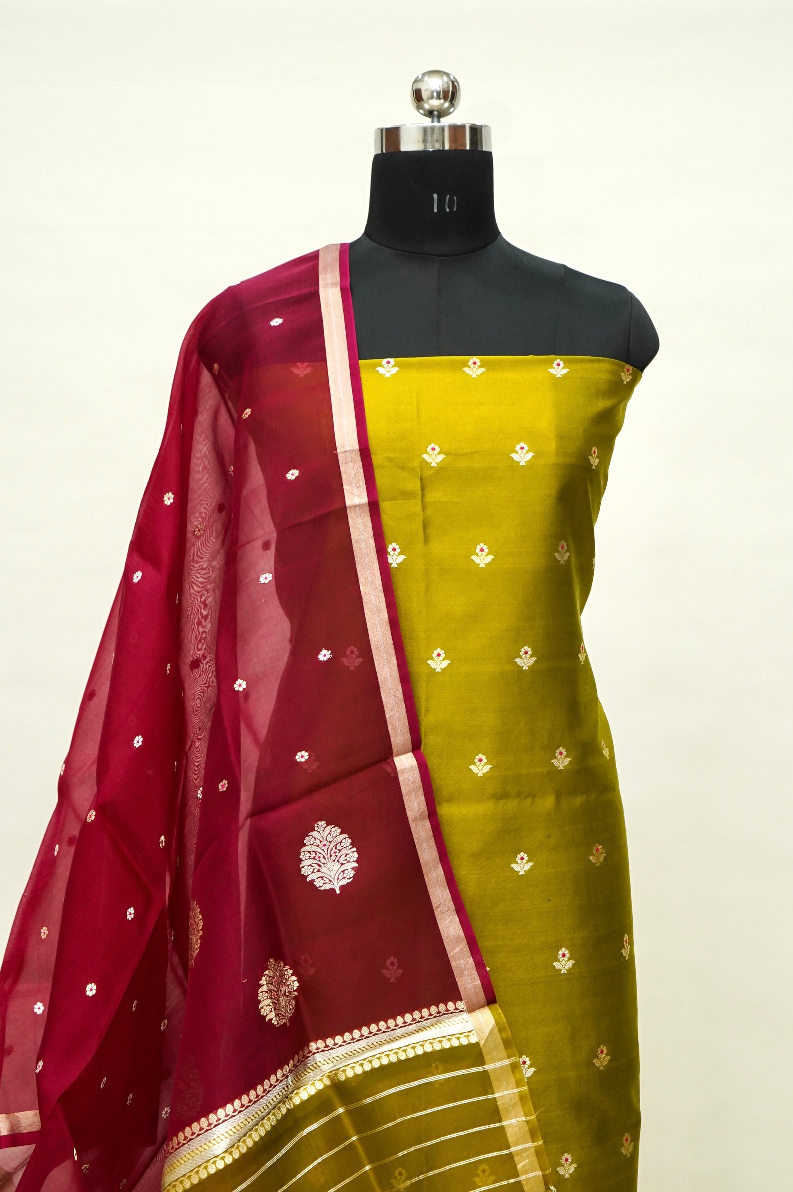 Mustard Yellow Handwoven Banarasi Pure Katan Silk Meenakari Suit with Rani Pink Dupatta