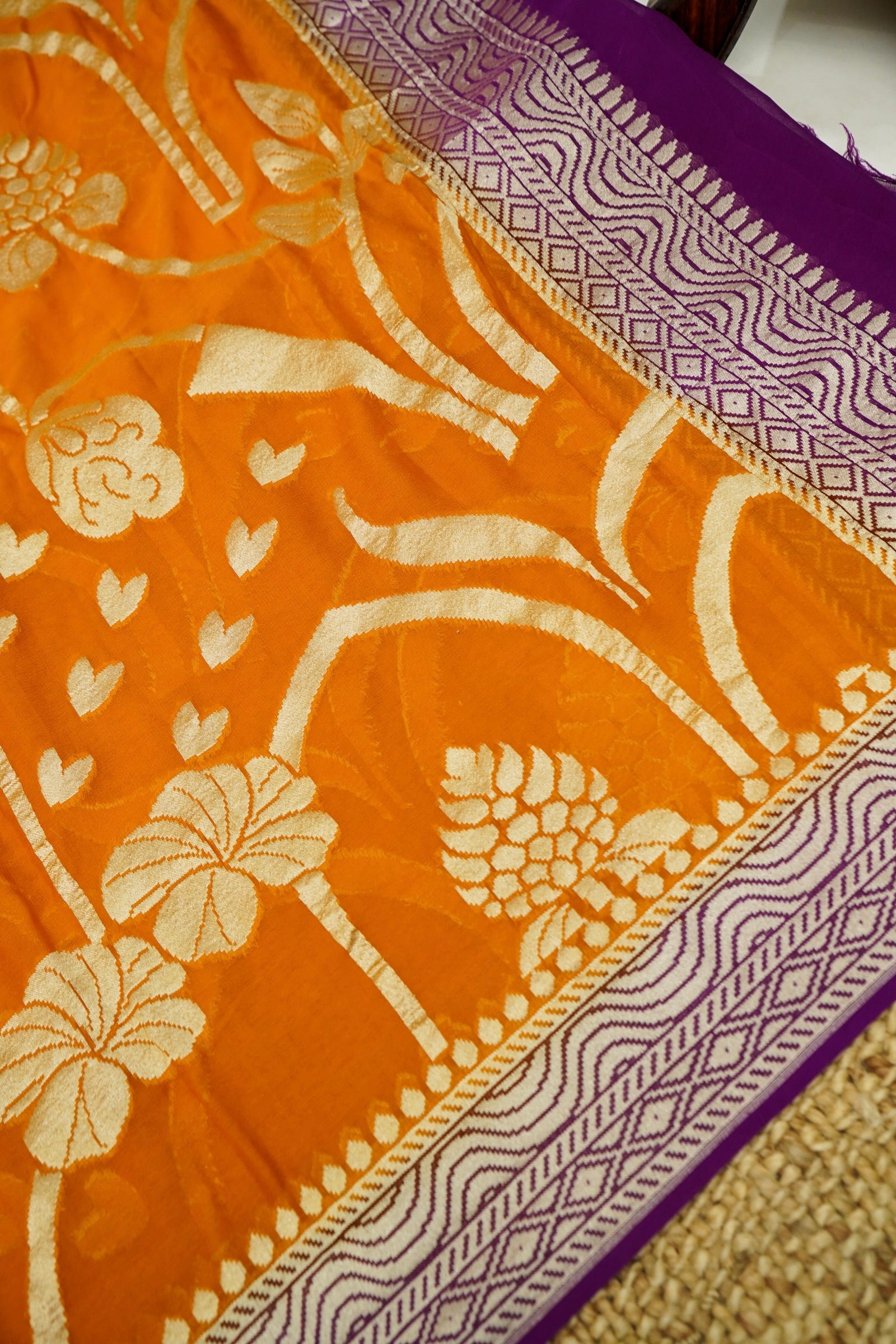 Purple Handwoven Banarasi Pure Katan Silk Suit with Orange Dupatta