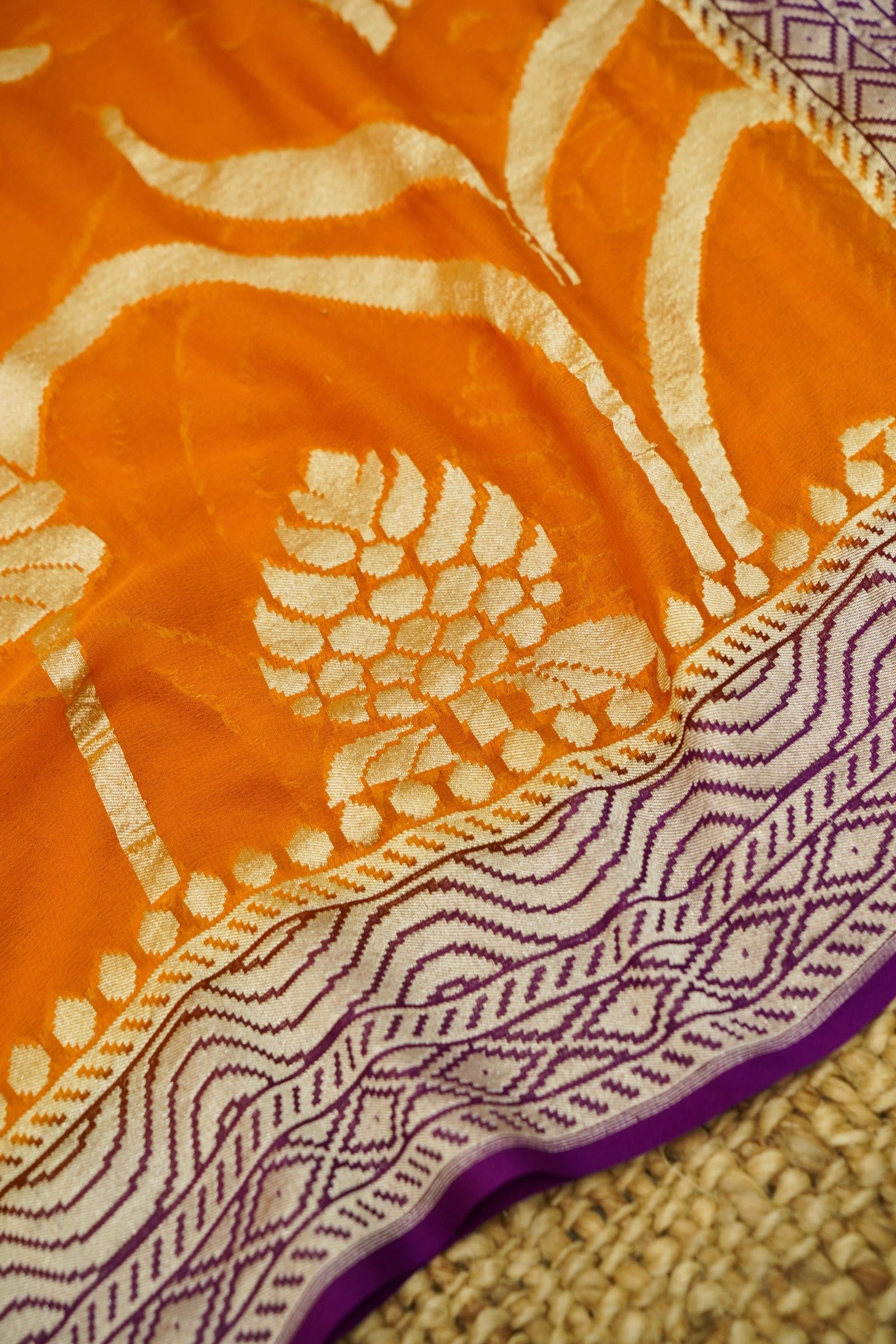 Purple Handwoven Banarasi Pure Katan Silk Suit with Orange Dupatta