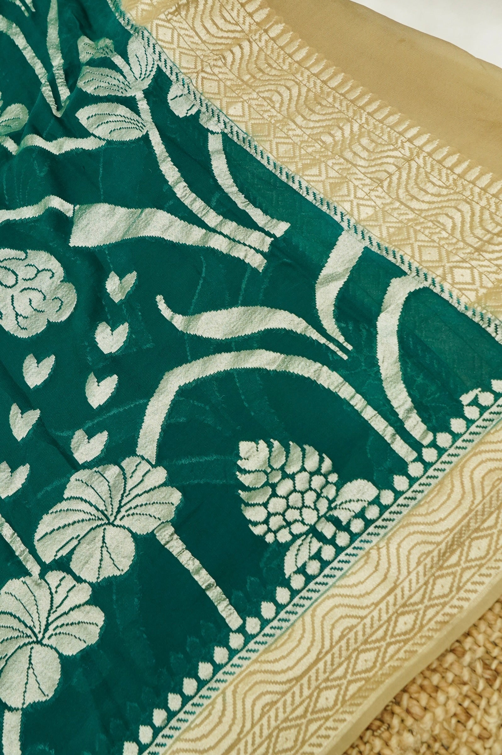 Beige Handwoven Banarasi Pure Katan Silk Suit with Bottle Green dupatta