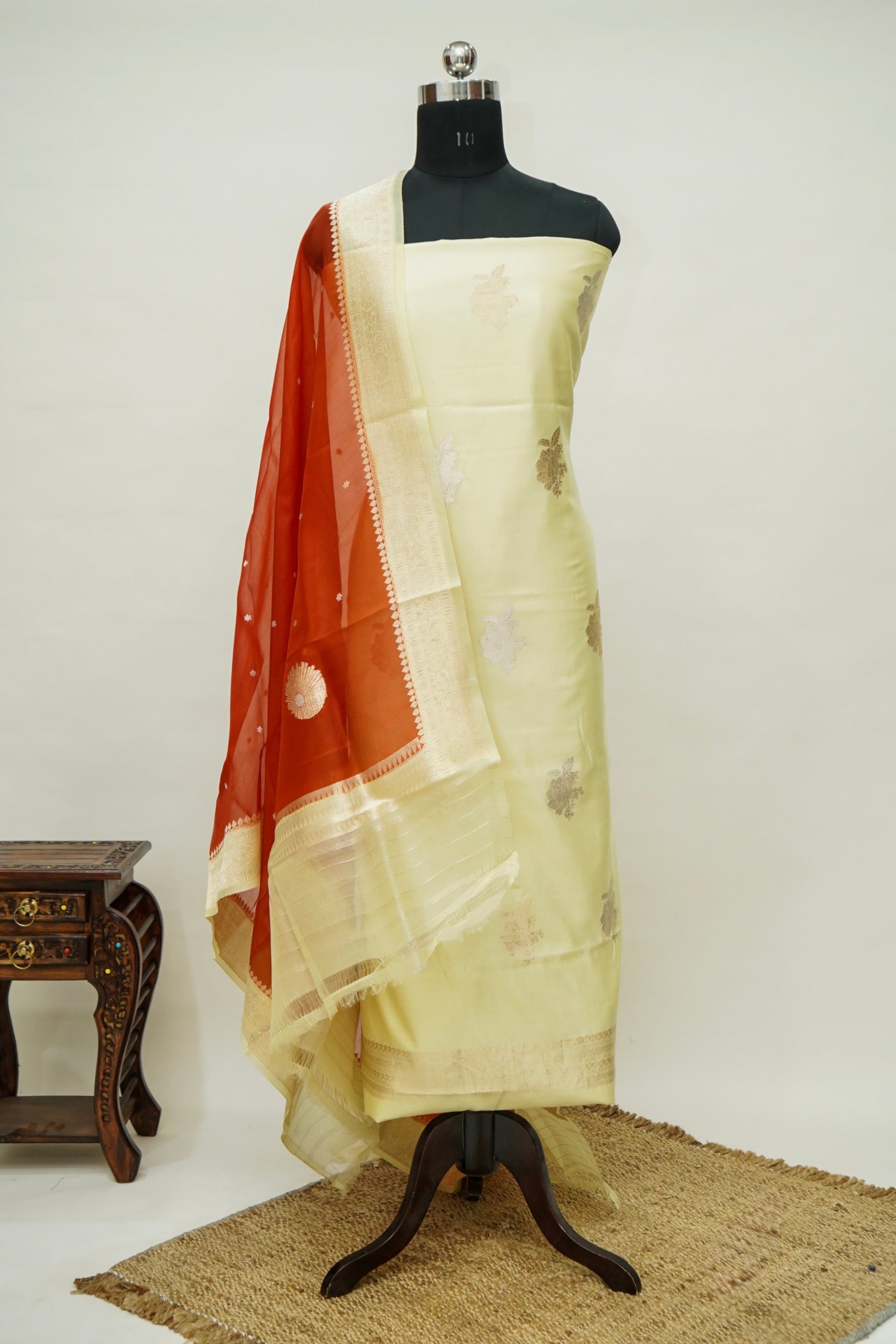 Pastel Yellow Handwoven Banarasi Pure Katan Silk Suit with Rust Orange dupatta