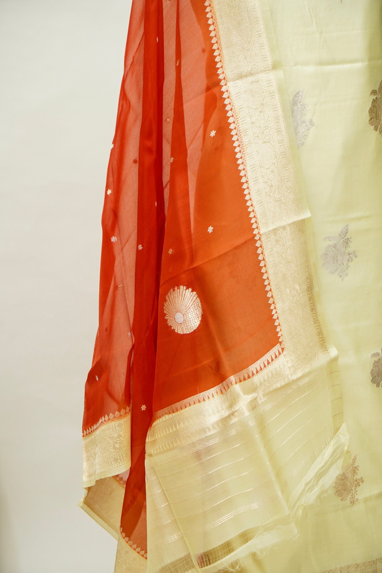 Pastel Yellow Handwoven Banarasi Pure Katan Silk Suit with Rust Orange dupatta