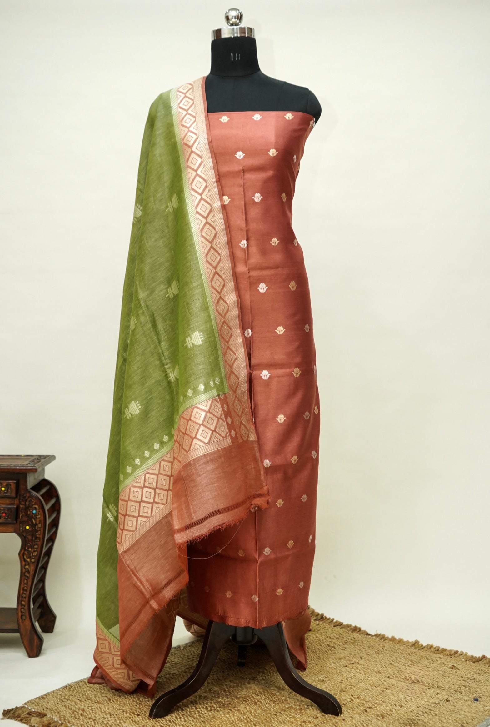 Rust Handwoven Banarasi Pure Katan Silk Suit with Green dupatta