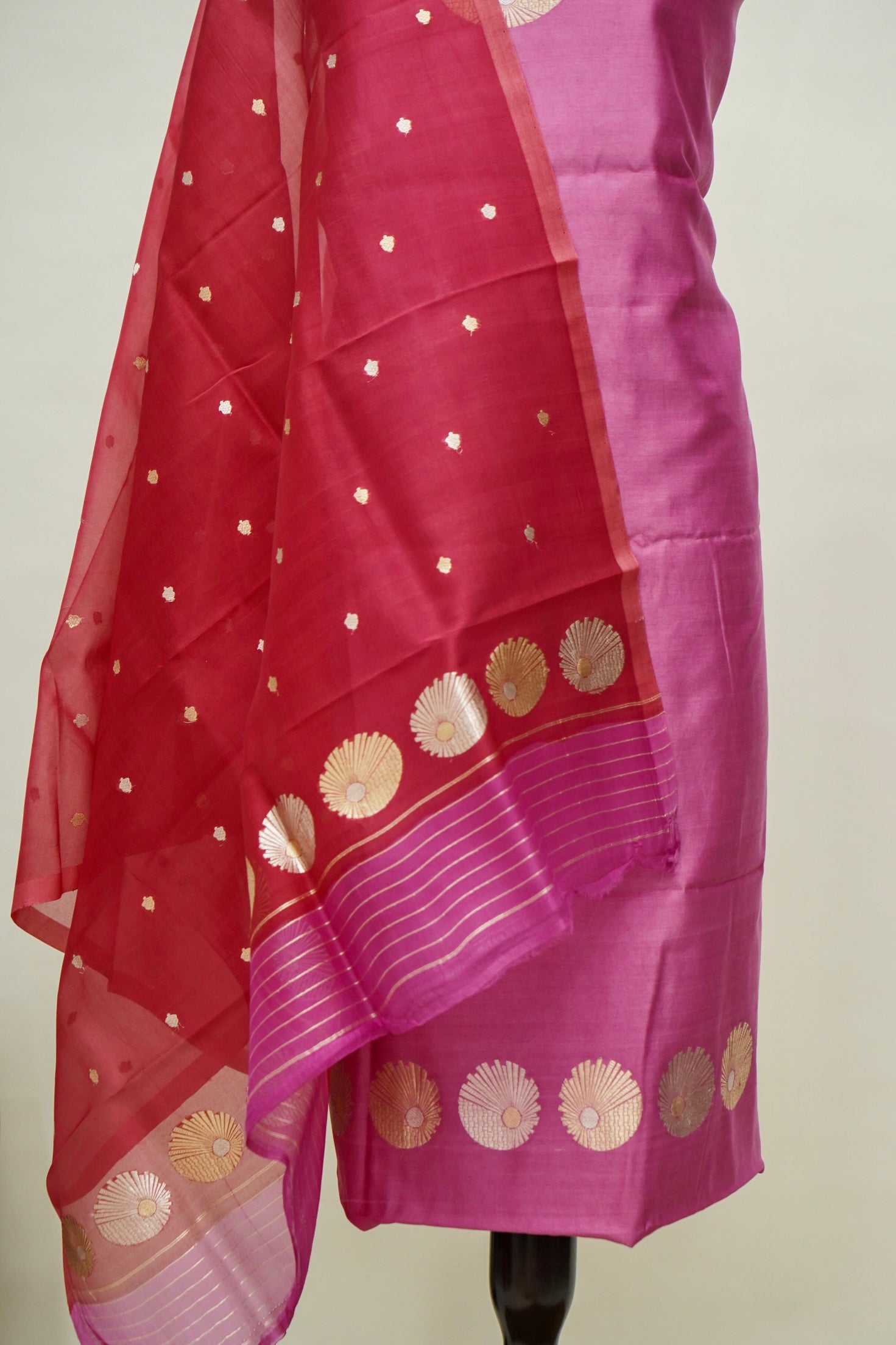 Pink Handwoven Banarasi Pure Katan Silk Meenakari Suit with Red-Pink Dupatta