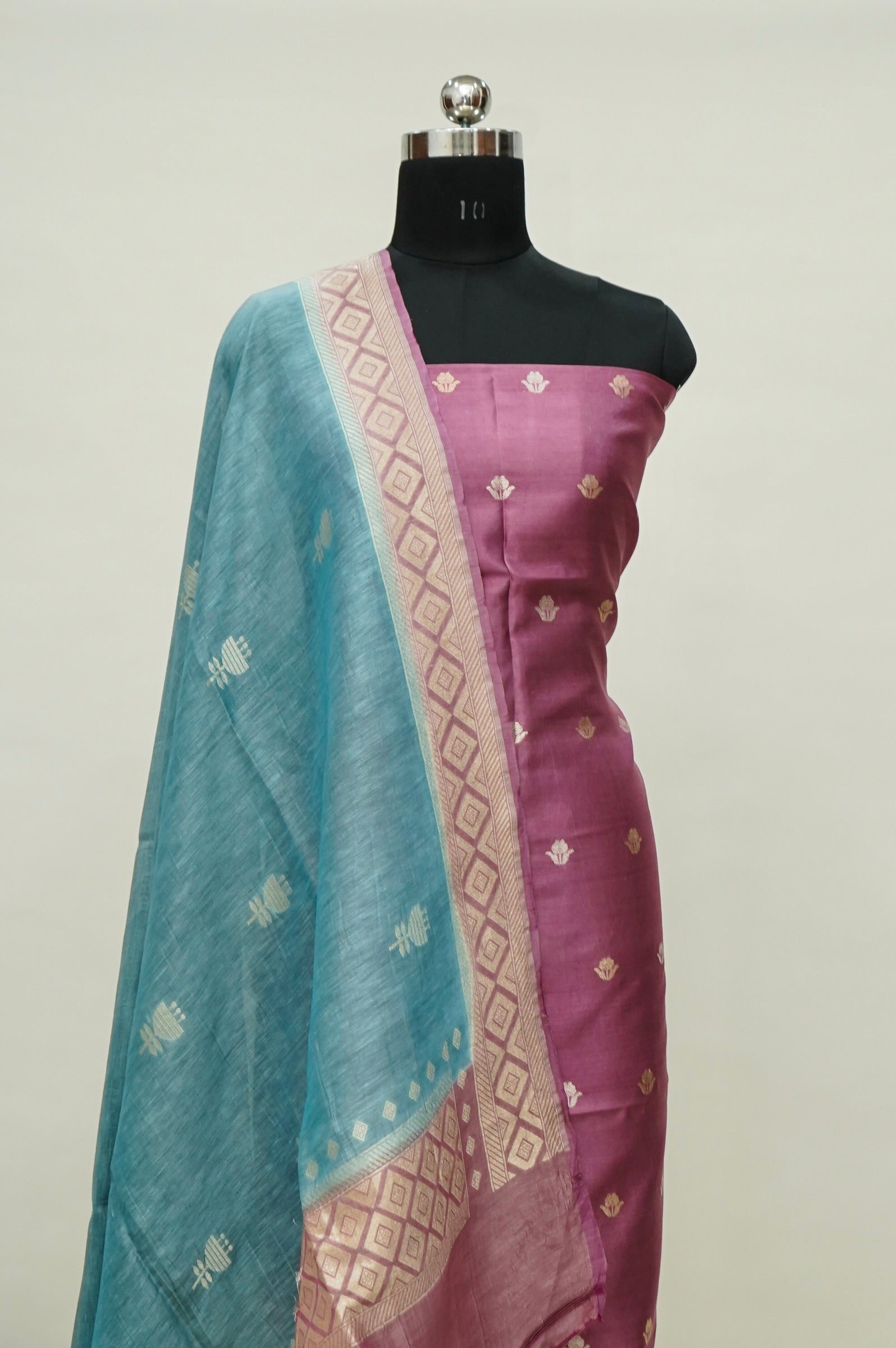 Pink Handwoven Banarasi Pure Katan Silk Suit with Aqua Blue Dupatta