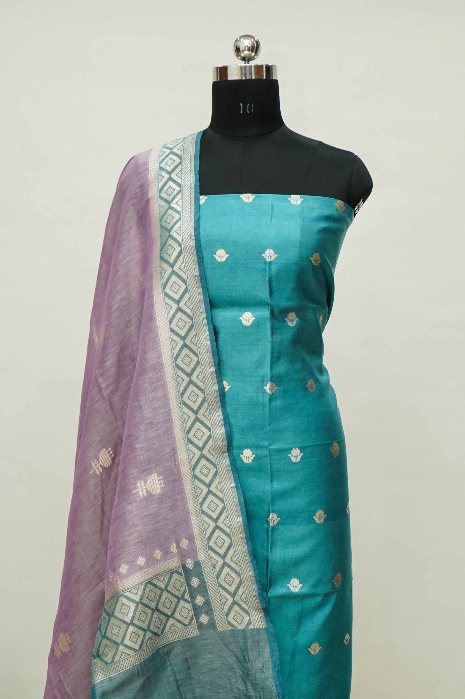Teal Handwoven Banarasi Pure Katan Silk Suit with Lilac dupatta
