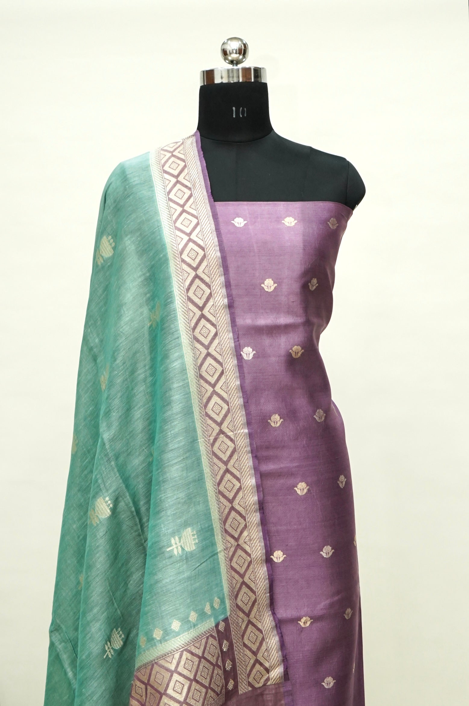 Mauve Purple Handwoven Banarasi Pure Katan Silk Suit with Aqua Green dupatta