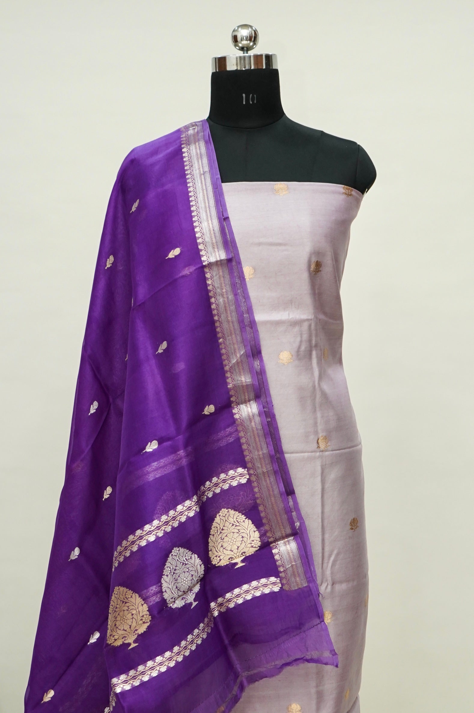 Soft pastel Handwoven Banarasi Pure Katan Silk Meenakari Suit with Purple Dupatta