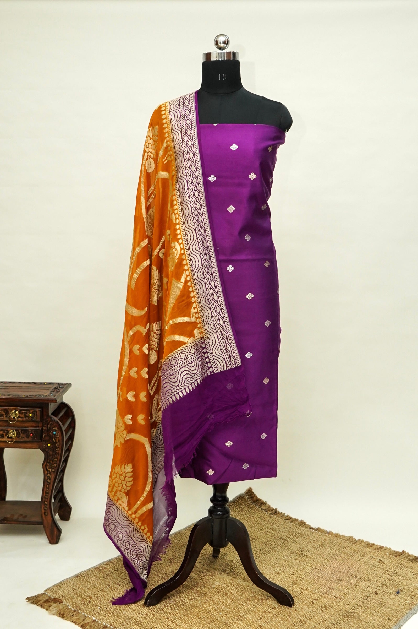 Purple Handwoven Banarasi Pure Katan Silk Suit with Orange Dupatta