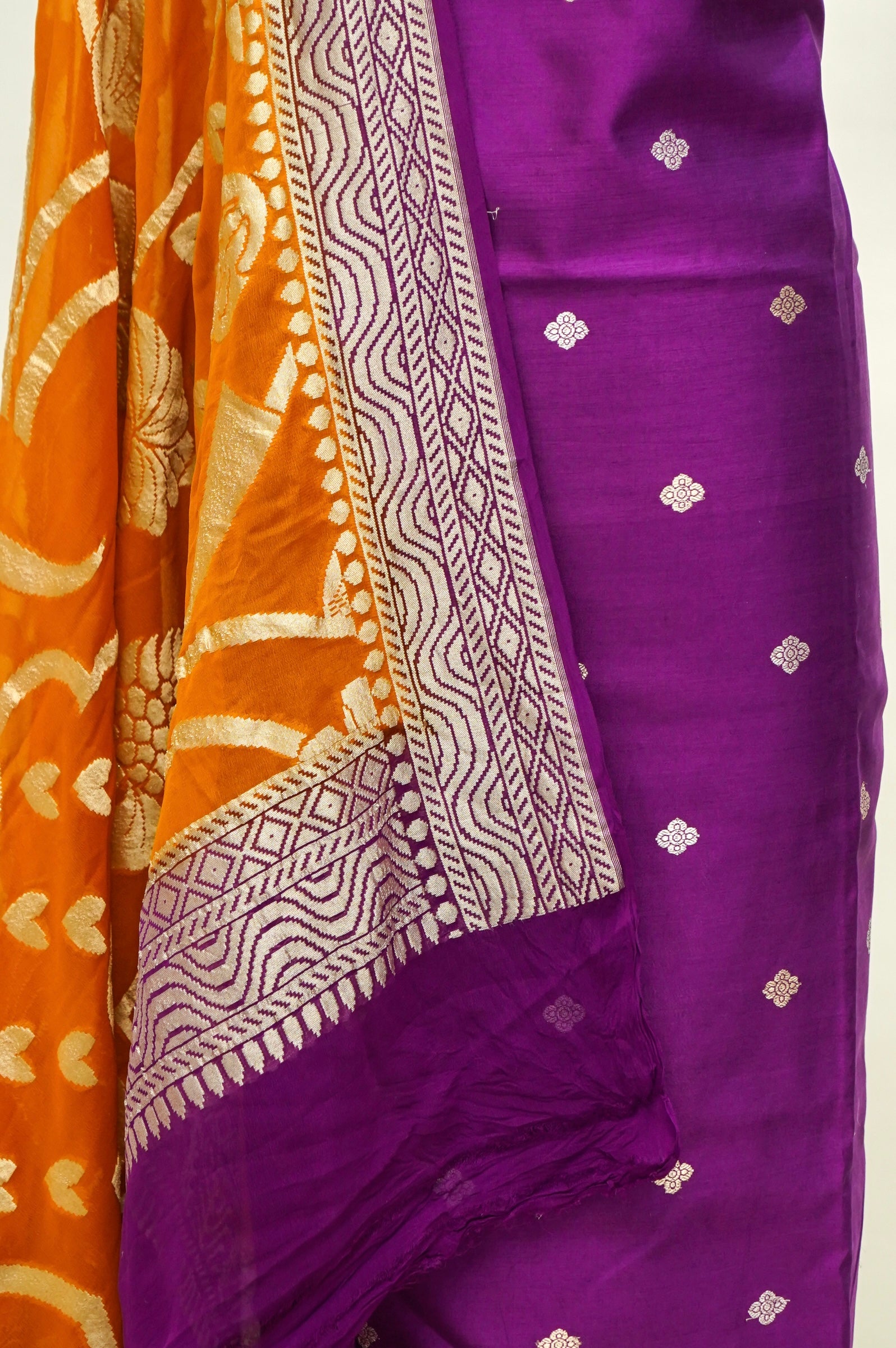 Purple Handwoven Banarasi Pure Katan Silk Suit with Orange Dupatta