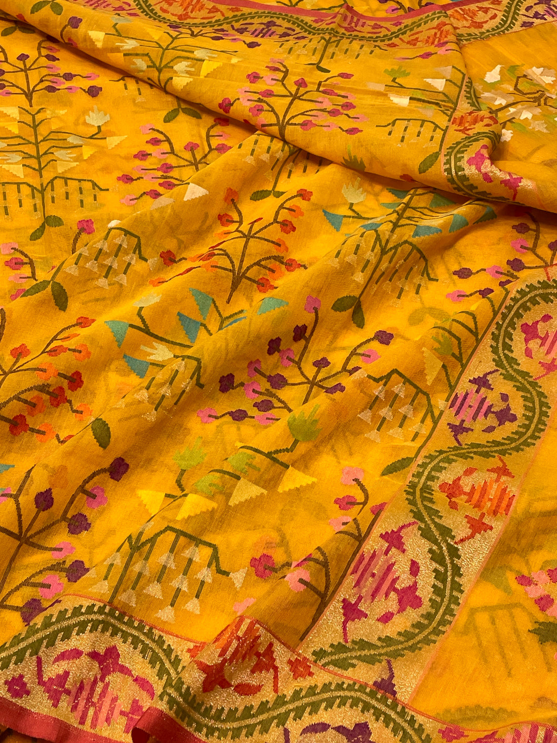 Yellow Banarasi  cotton Jamdani Handwoven Saree with Real Zari
