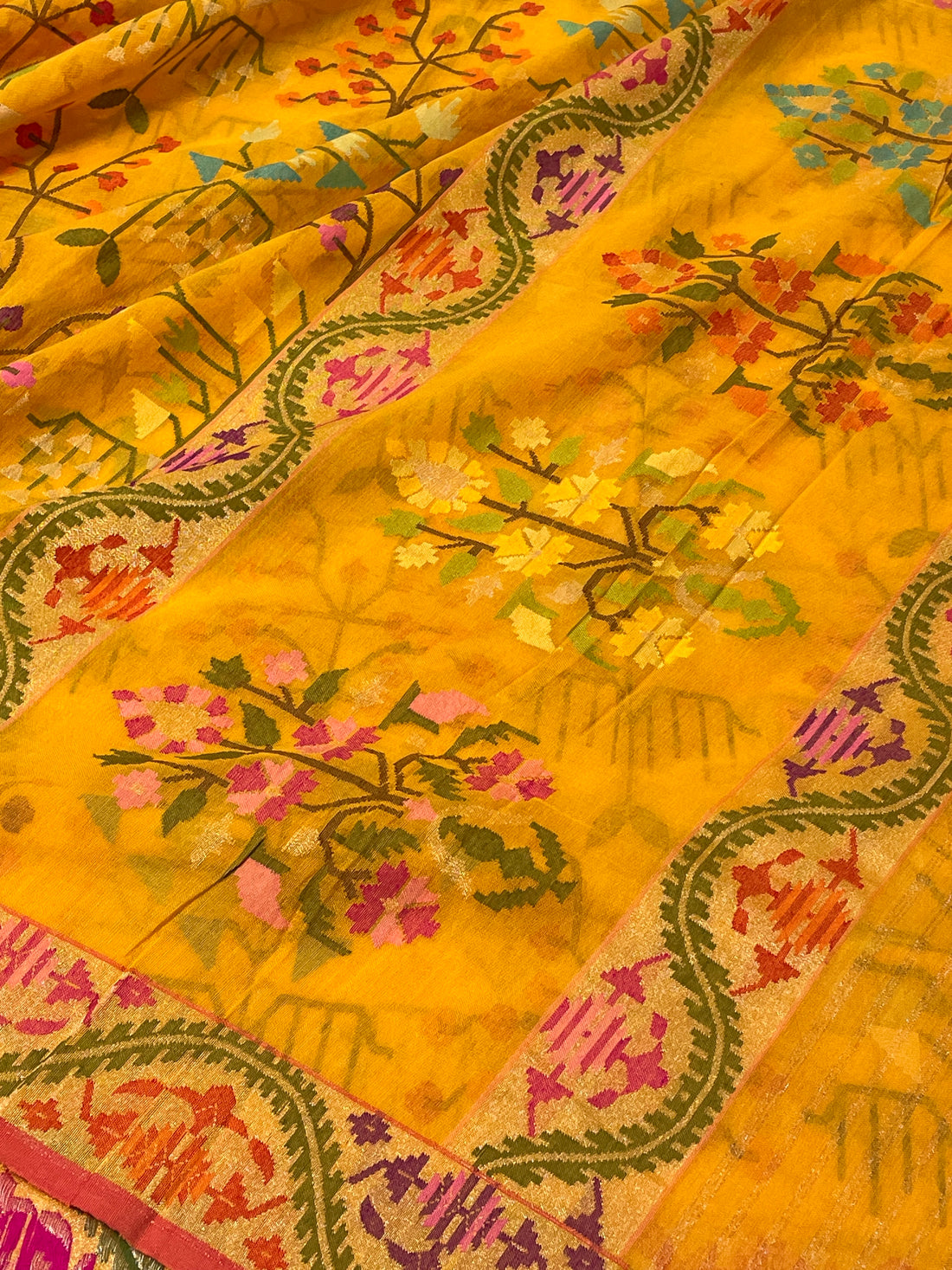 Yellow Banarasi  cotton Jamdani Handwoven Saree with Real Zari