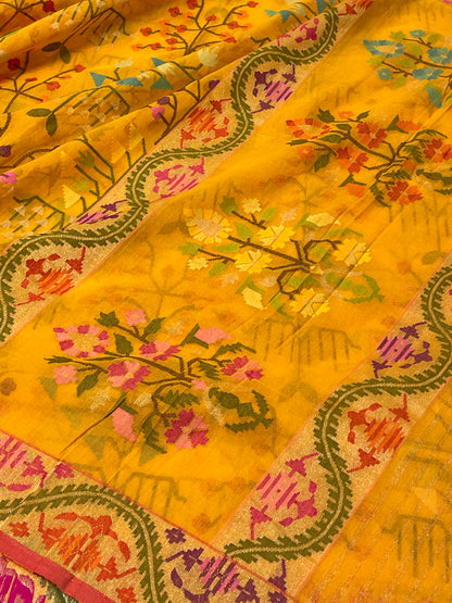 Yellow Banarasi  cotton Jamdani Handwoven Saree with Real Zari