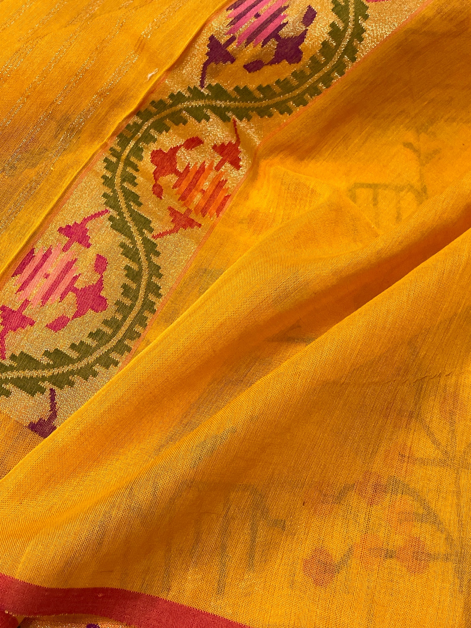 Yellow Banarasi  cotton Jamdani Handwoven Saree with Real Zari
