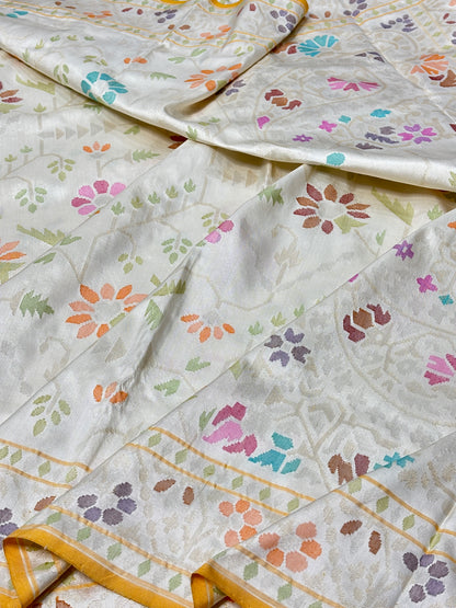 Ivory Banarasi Ektara Silk Handwoven Saree with Real Zari