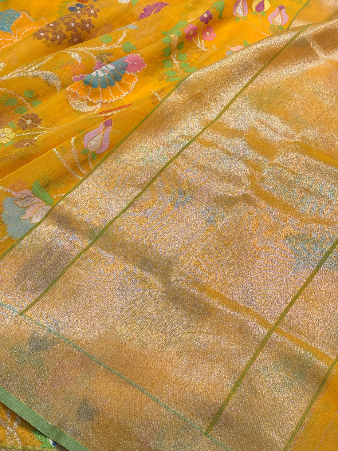 Yellow Banarasi kora cotton Handwoven Saree with Real Zari