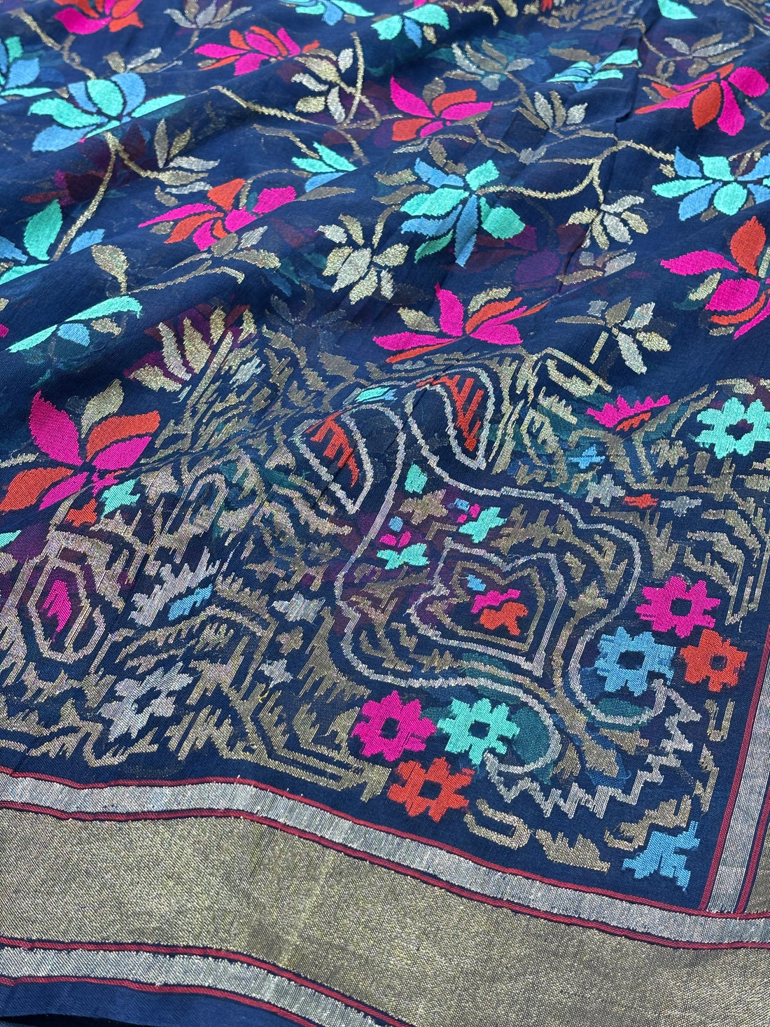 Navy Blue Pure Banarasi Tissue Handwoven Saree with Real Zari