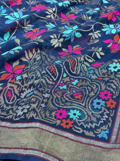 Navy Blue Pure Banarasi Tissue Handwoven Saree with Real Zari