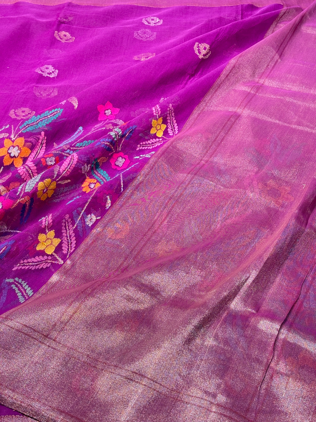 Purple Banarasi Kora Jamdani Silk Handwoven Saree with Real Zari