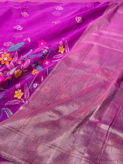 Purple Banarasi Kora Jamdani Silk Handwoven Saree with Real Zari