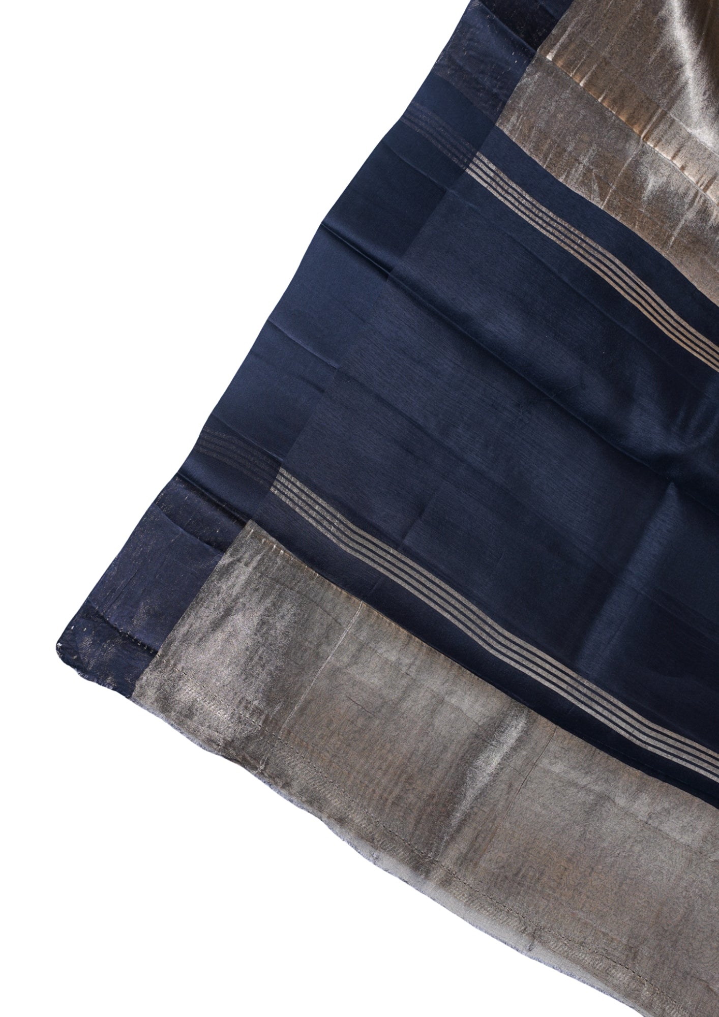 Charcoal Silver Banarasi Tissue Saree with Navy Satin Border