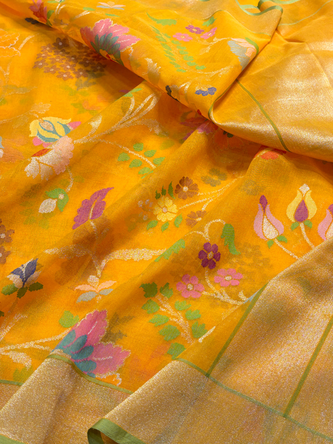 Yellow Banarasi kora cotton Handwoven Saree with Real Zari