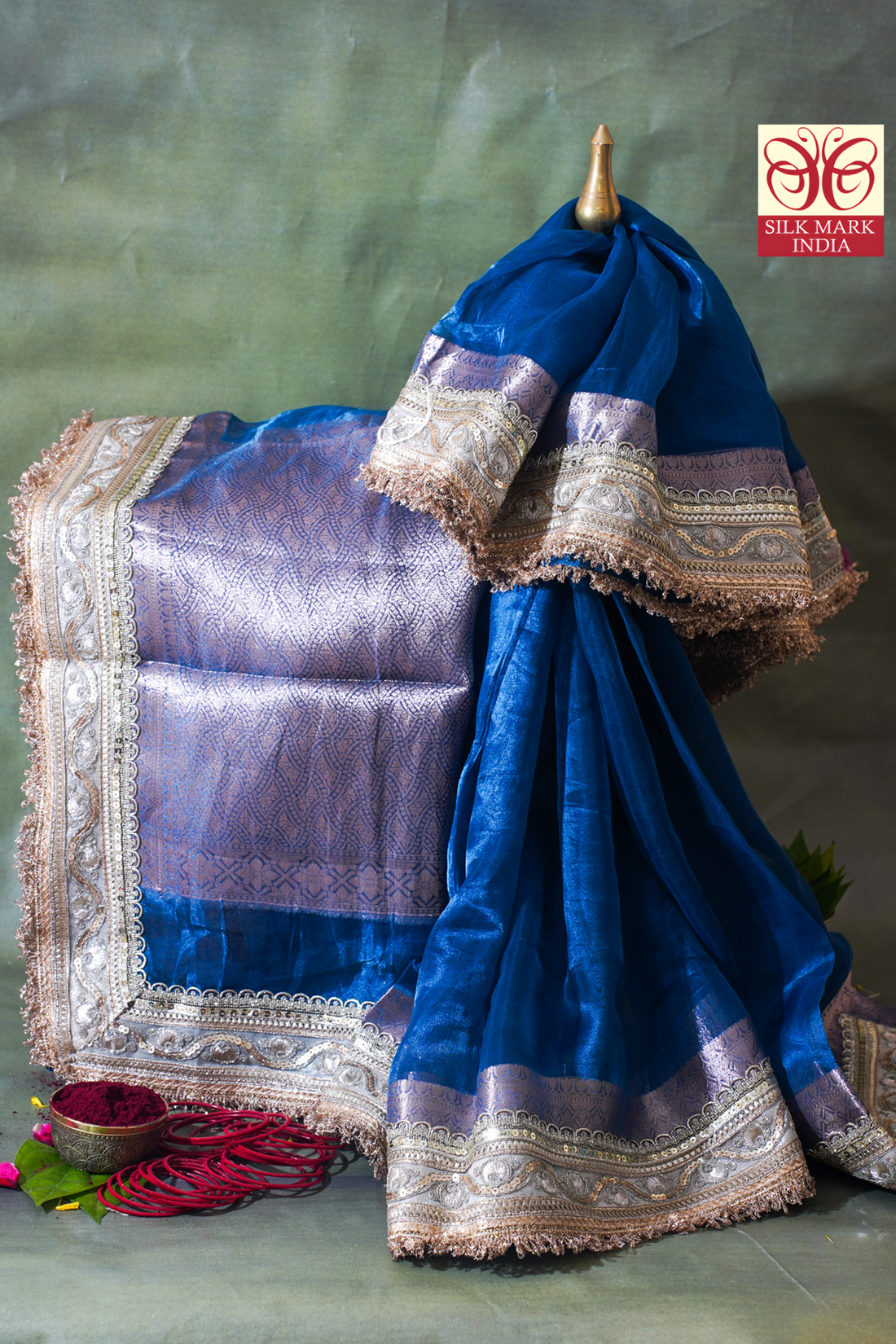 Royal Blue Banarasi Pure Tissue Silk Saree with Sequined Lace Border