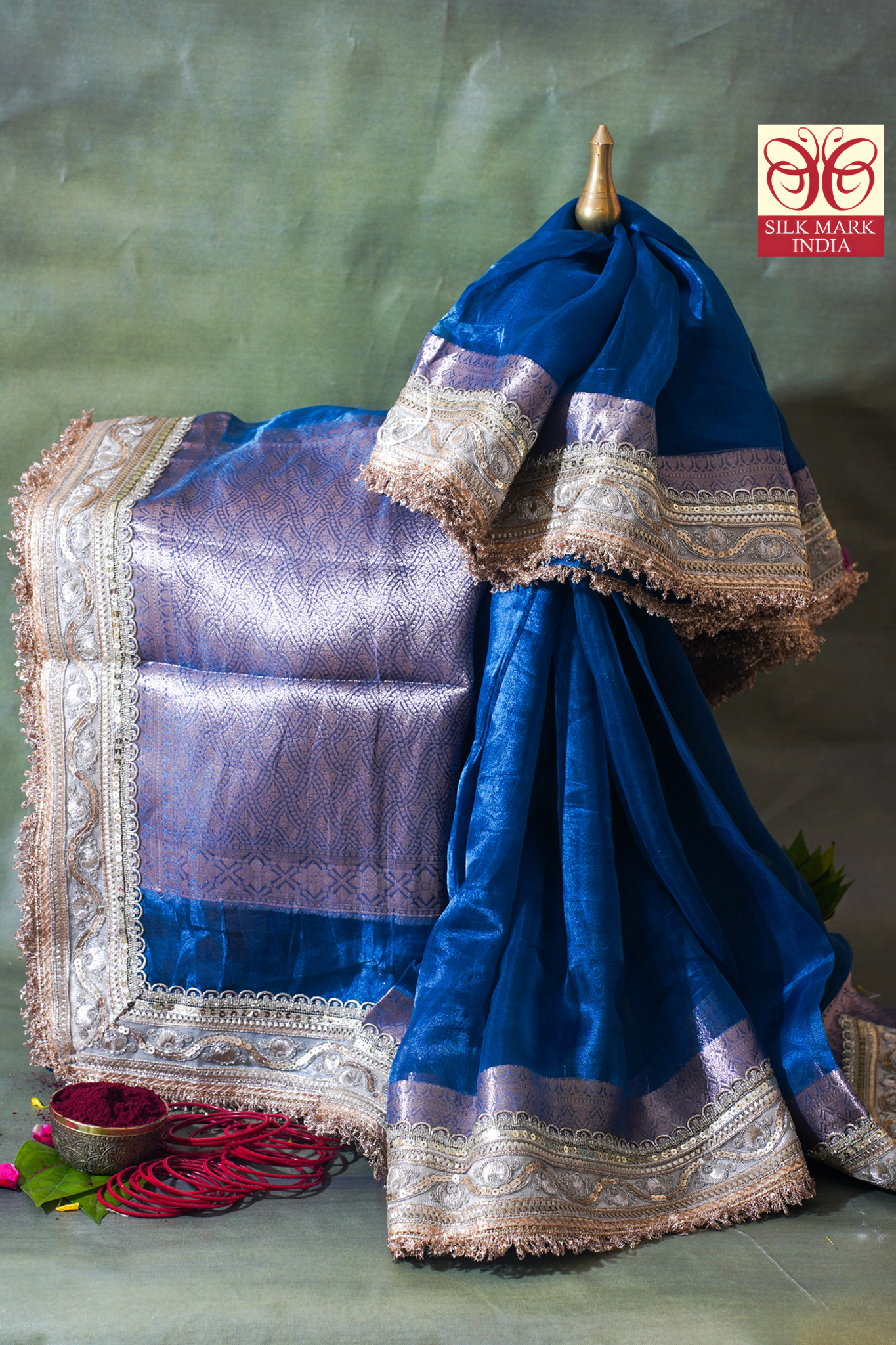 Royal Blue Banarasi Pure Tissue Silk Saree with Sequined Lace Border