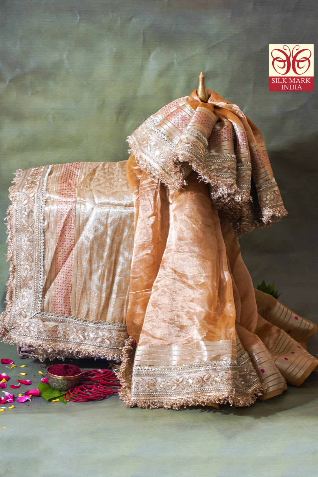 Champagne Gold Pure Tissue Silk Banarasi Saree with Lace Border