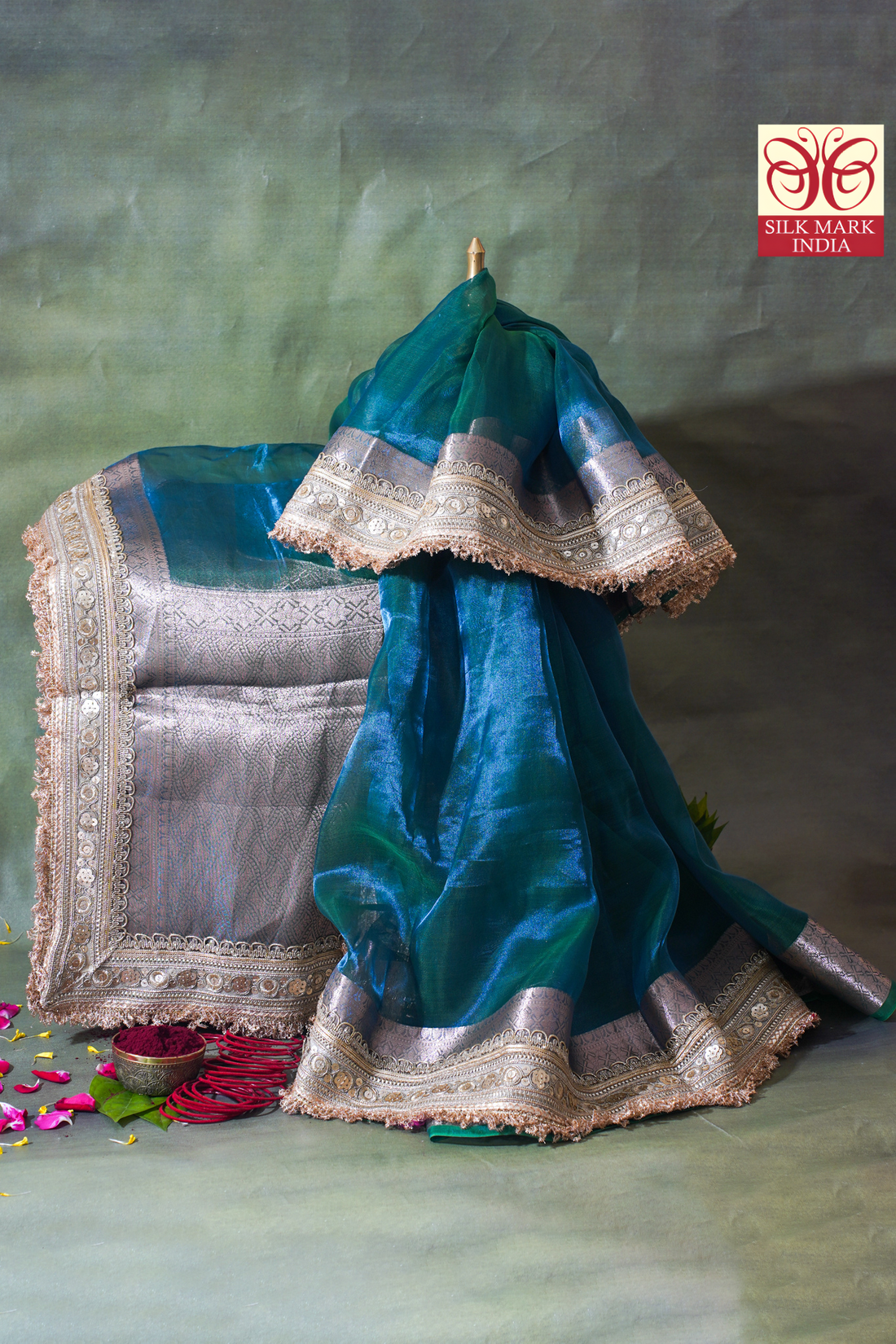 Sea Green Banarasi Pure Tissue Silk Saree with Sequined Lace Border