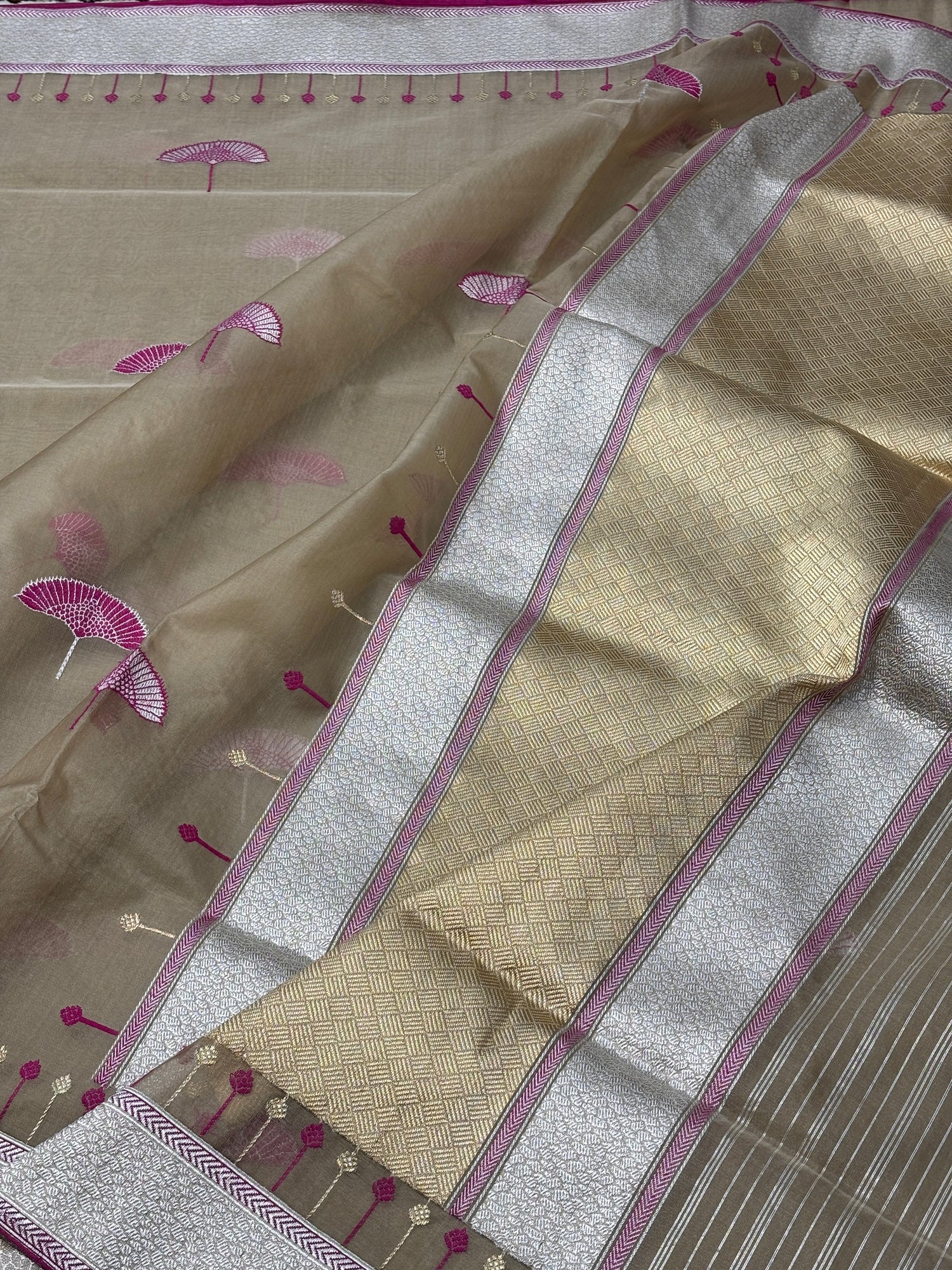 Beige Golden Banarasi Kora Silk Handwoven Saree