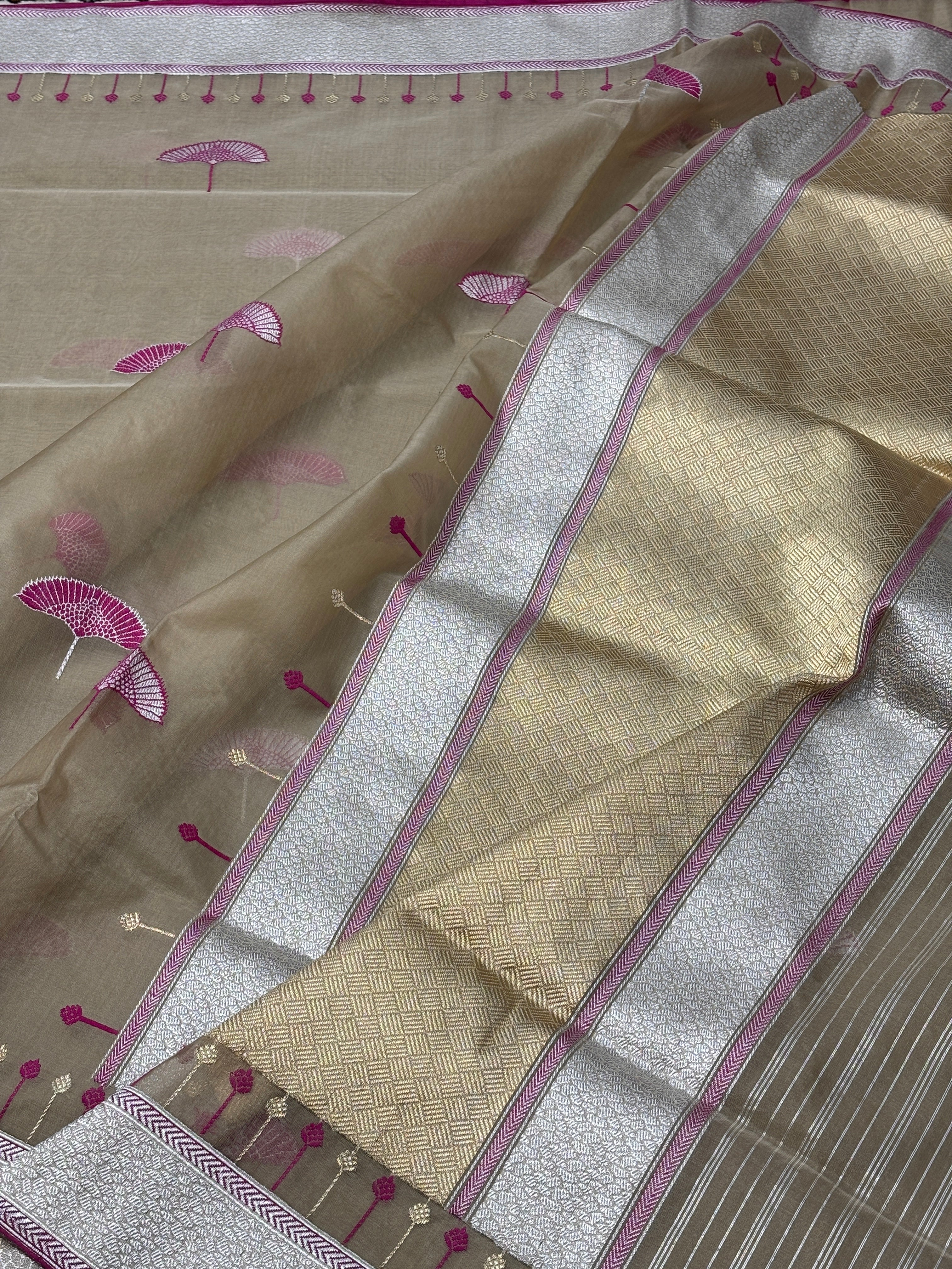 Beige Golden Banarasi Kora Silk Handwoven Saree