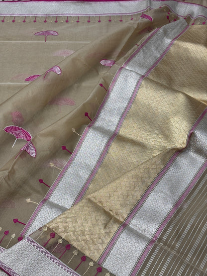 Beige Golden Banarasi Kora Silk Handwoven Saree