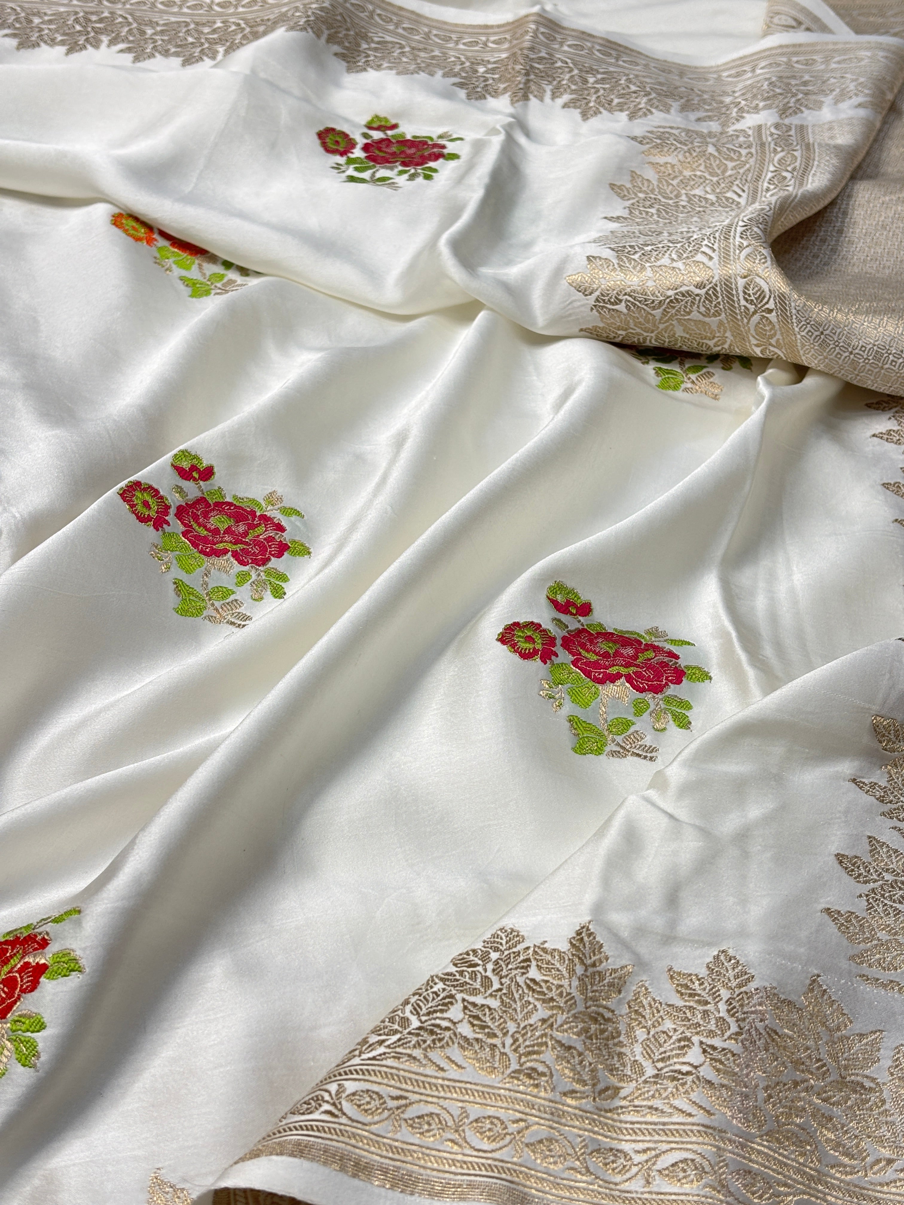 Ivory Banarasi Satin-Mashru Silk Handwoven Saree
