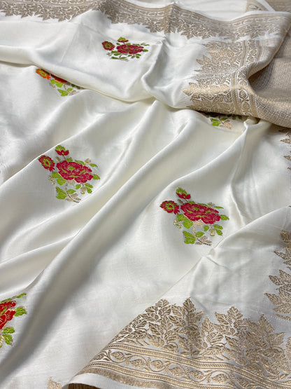 Ivory Banarasi Satin-Mashru Silk Handwoven Saree