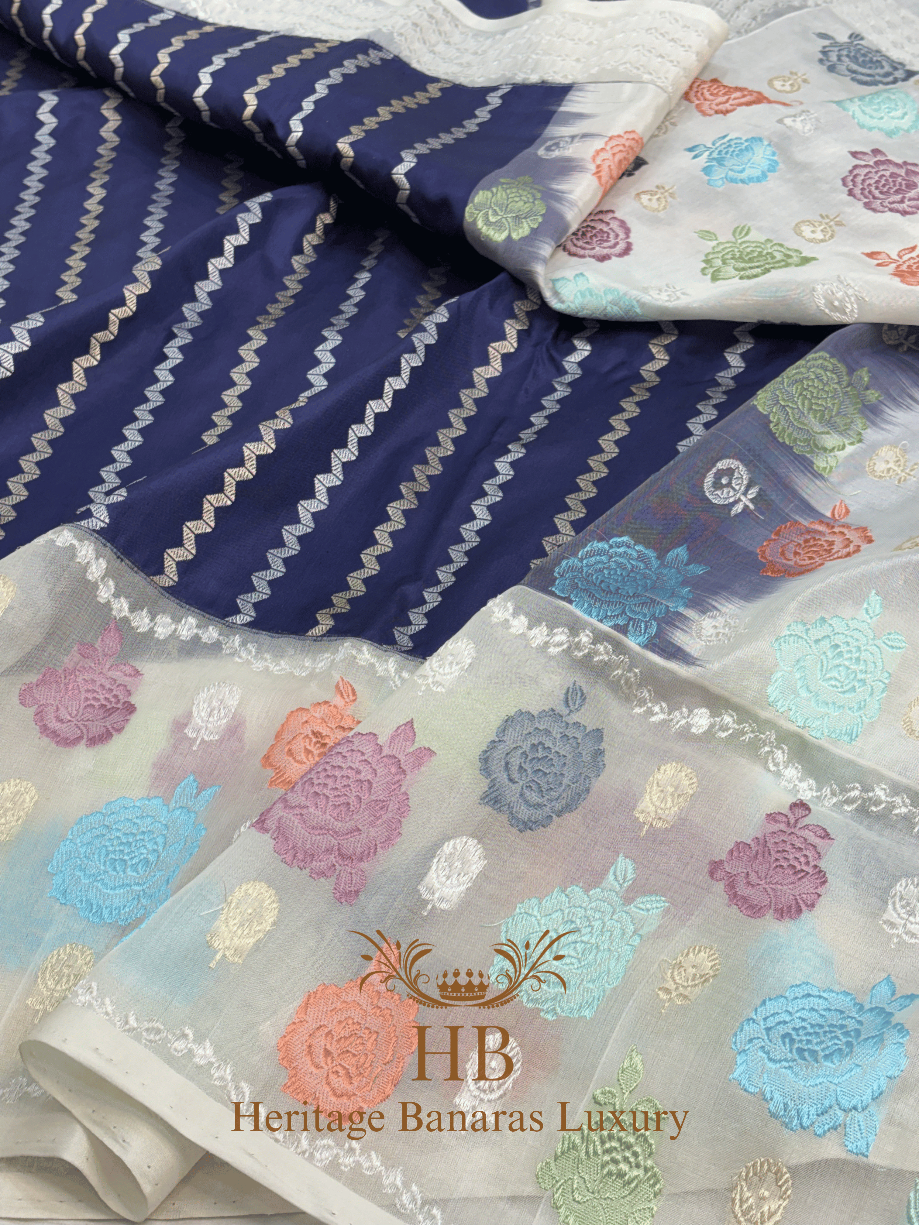 Navy Blue Handwoven Banarasi Pure Katan Silk Saree with Multicolour Kadhiyal Border