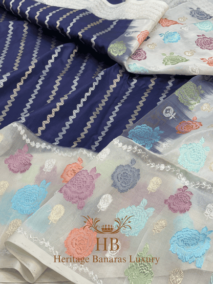 Navy Blue Handwoven Banarasi Pure Katan Silk Saree with Multicolour Kadhiyal Border