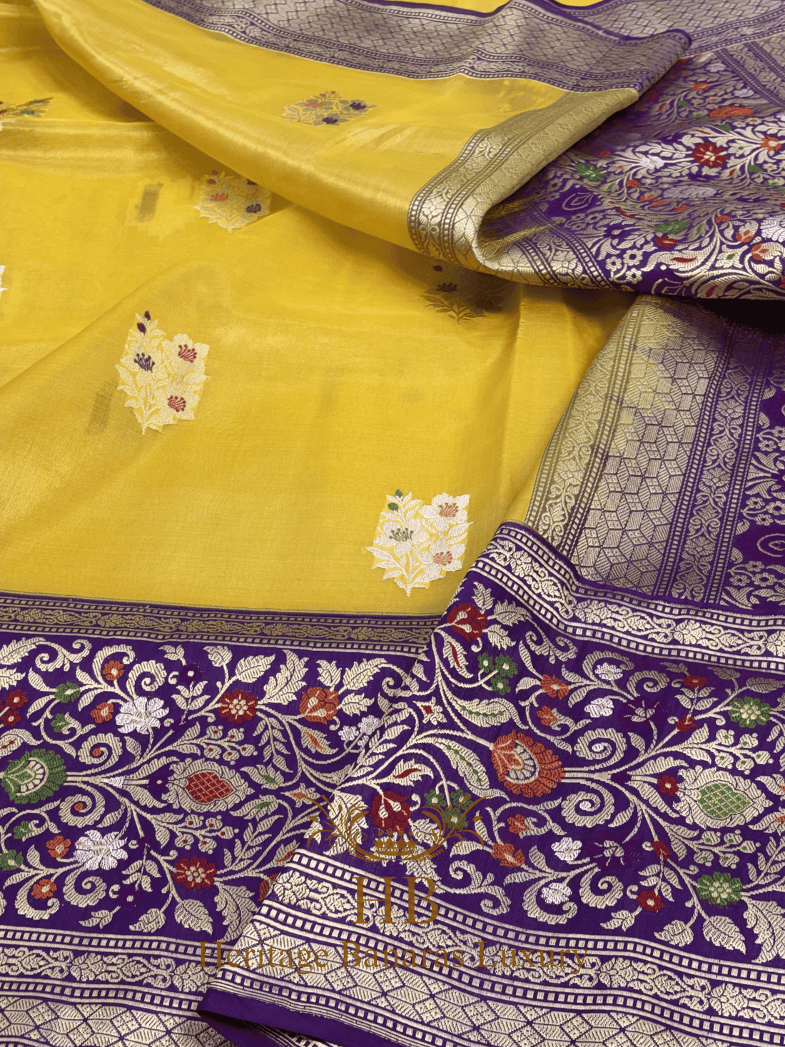 Yellow Handwoven Banarasi Pure Banarasi Tissue Silk Saree with Purple Kadhiyal Border