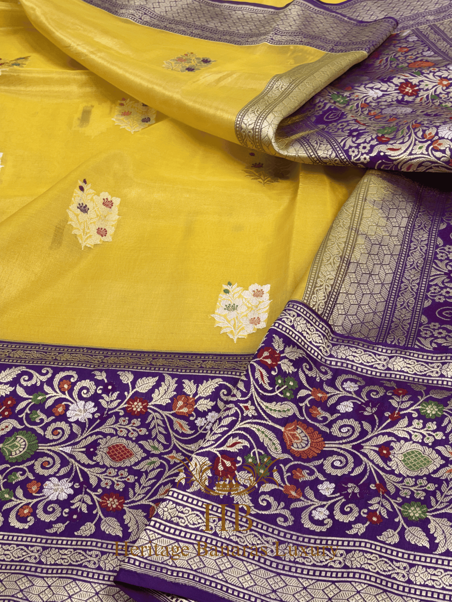 Yellow Handwoven Banarasi Pure Banarasi Tissue Silk Saree with Purple Kadhiyal Border