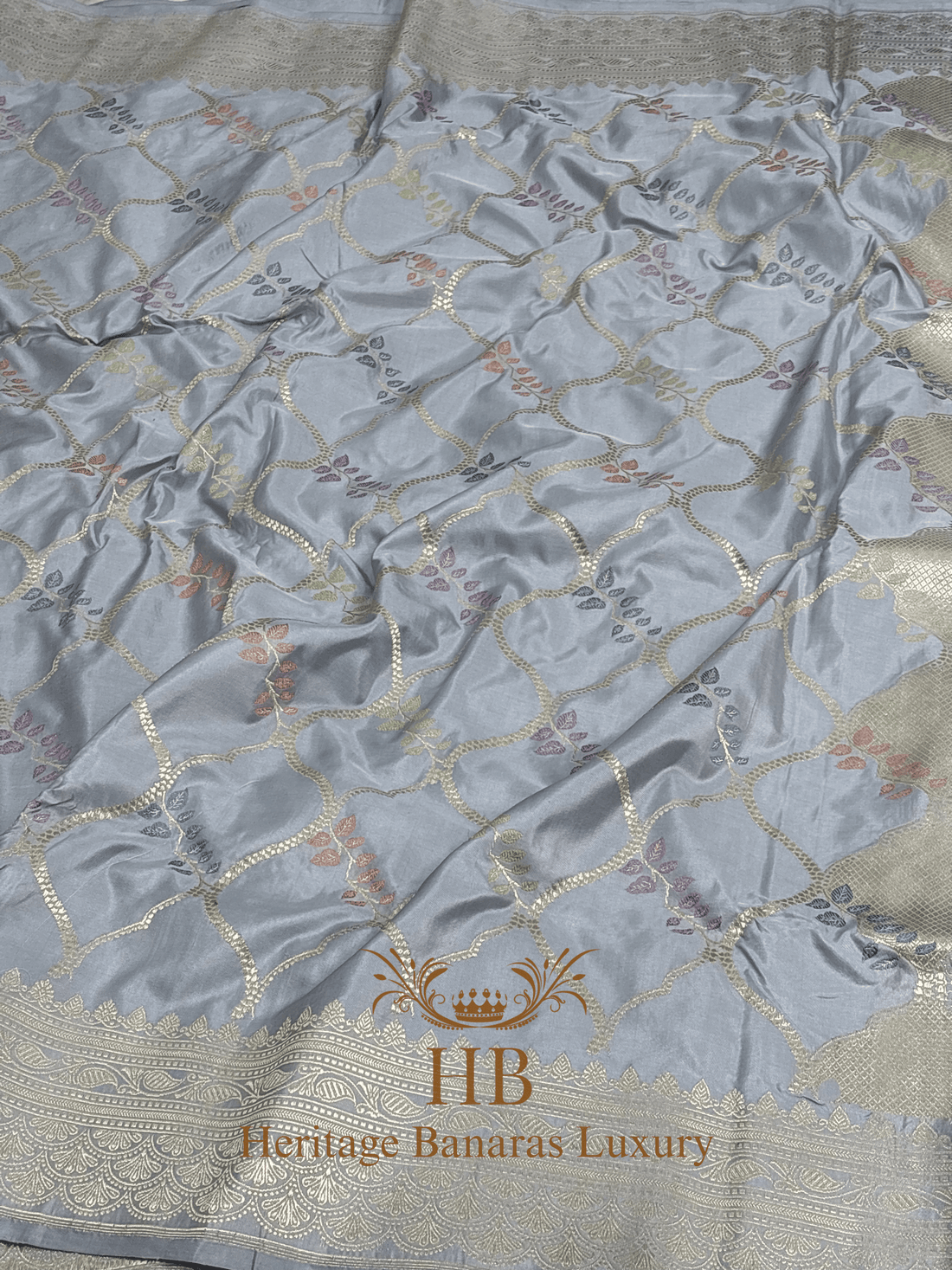 Pure Steel Grey Banarasi Katan Silk Handwoven Saree with Zari Work