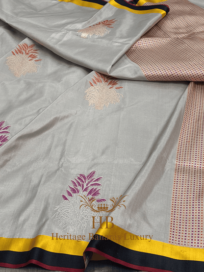 Pure Grey Katan Silk Handwoven Sare