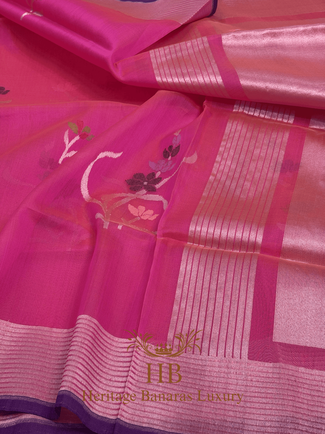 Rani Pink Handwoven Banarasi Pure Kora Silk Saree