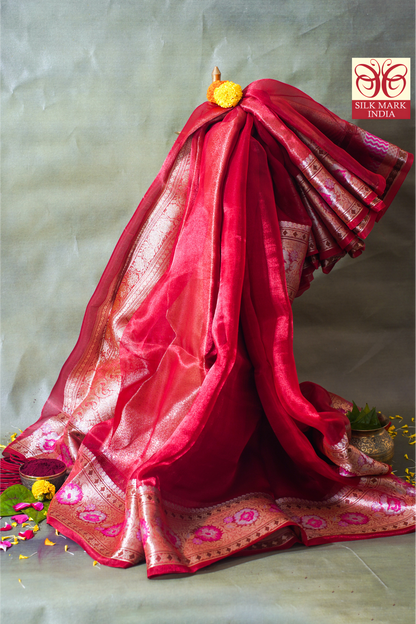 Crimson Pink Banarasi Pure Tissue Silk Saree