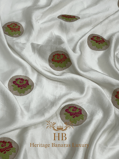 Natural Off-White Handwoven Banarasi Pure Mashru Silk Saree
