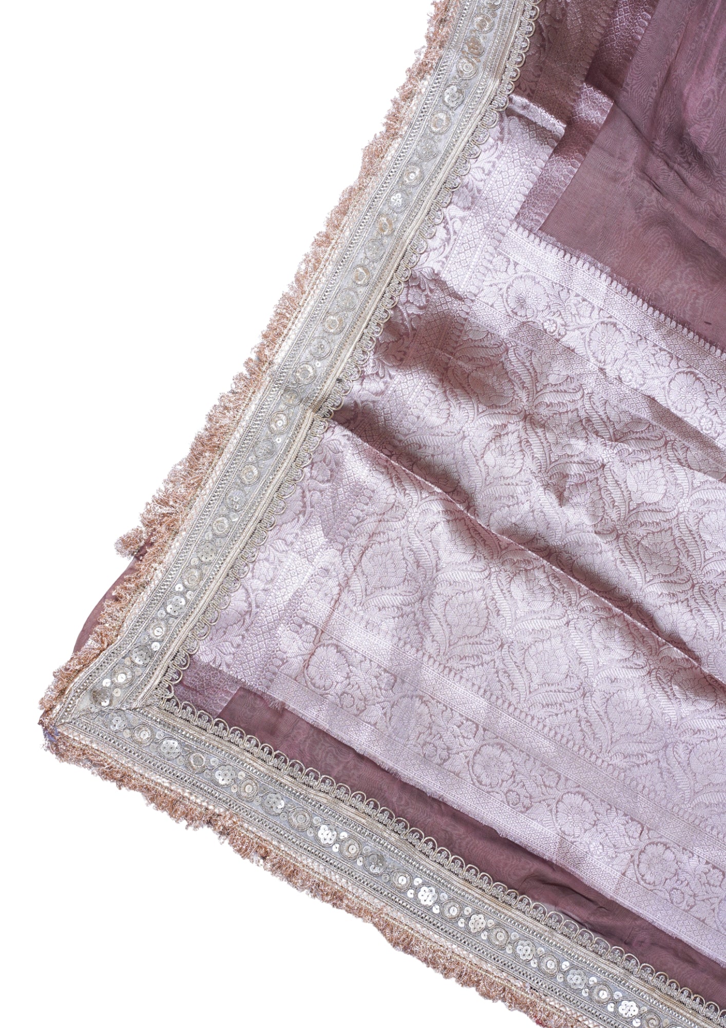 Dusty Mauve Banarasi Pure Tissue Silk Saree with Sequined Lace Border