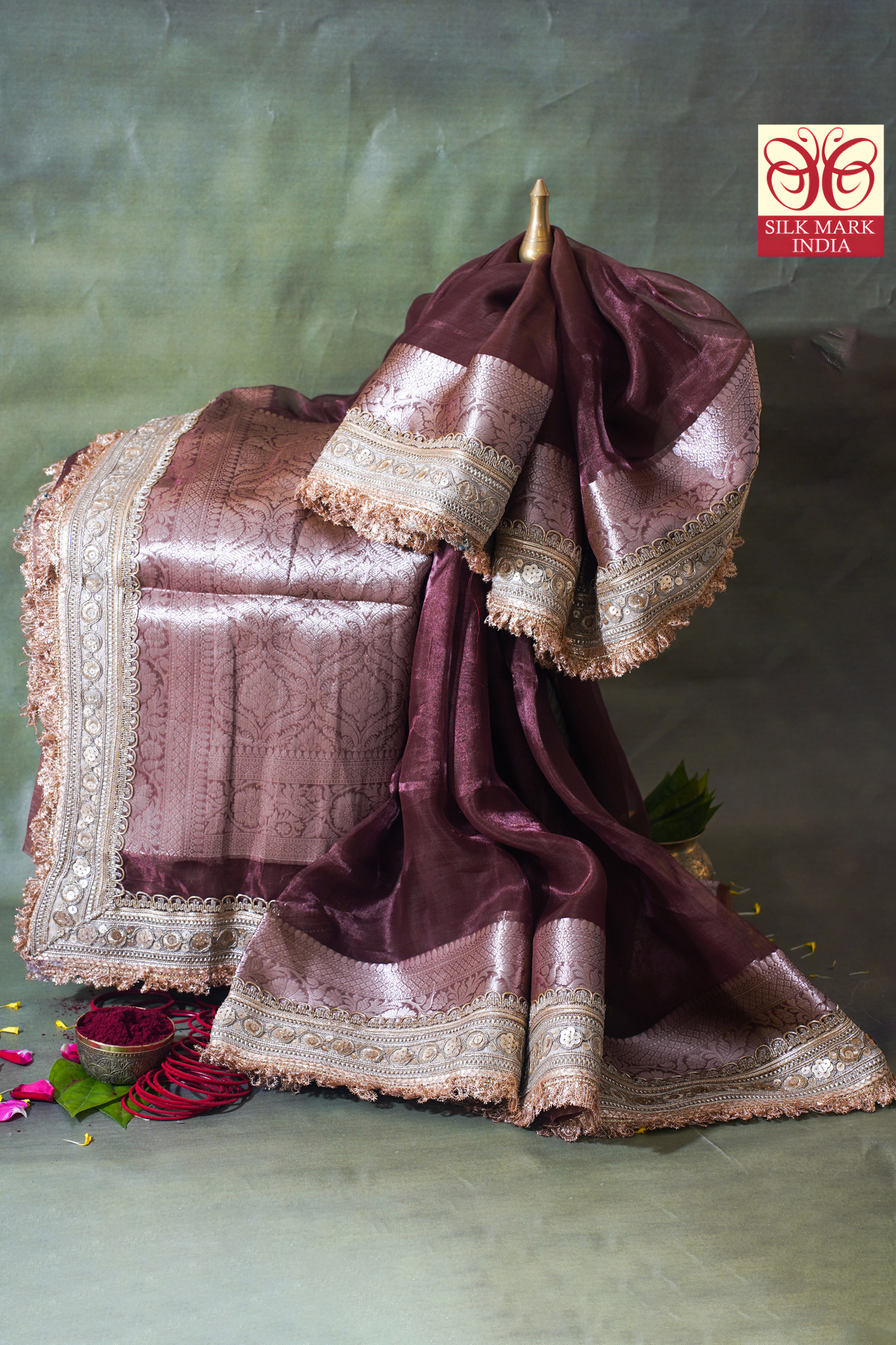 Dusty Mauve Banarasi Pure Tissue Silk Saree with Sequined Lace Border