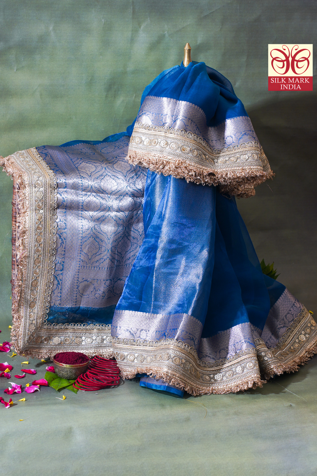 Sky Blue Banarasi Pure Tissue Silk Saree with Sequined Lace Border